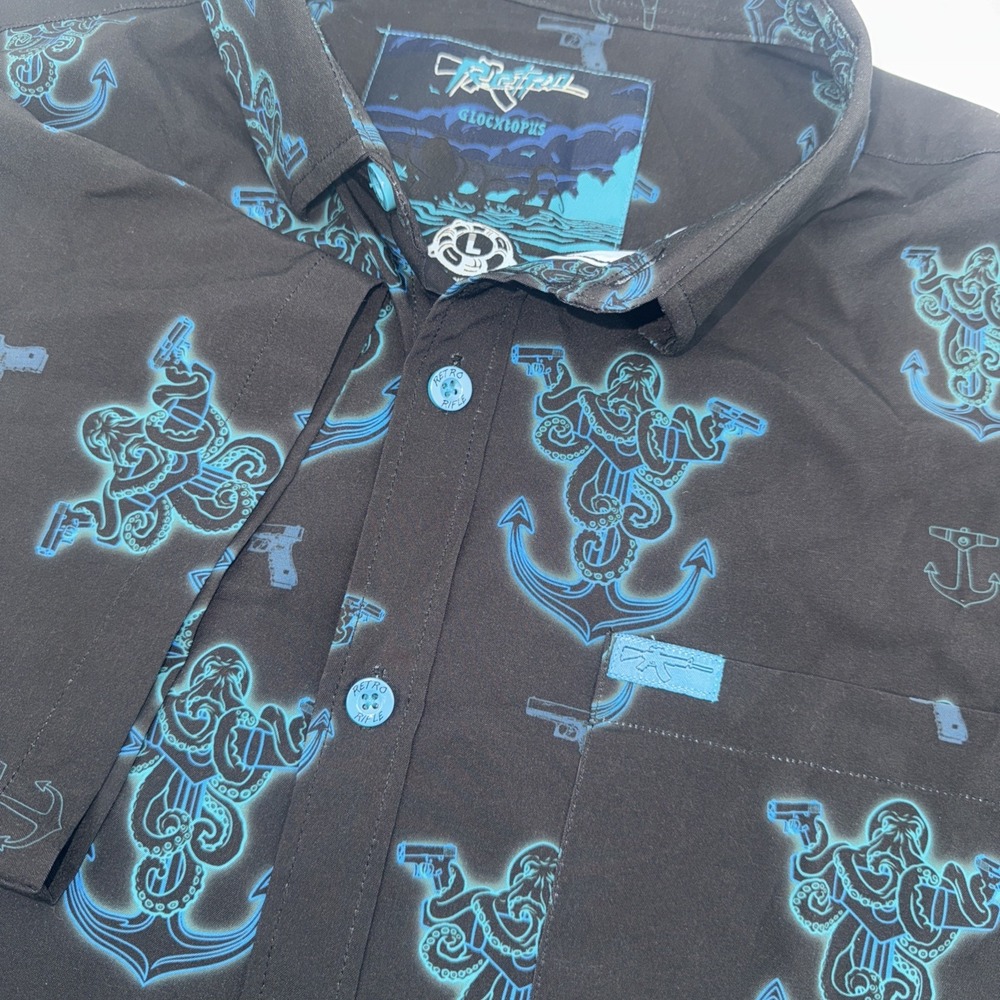 Retro Rifle Glocktopus Shirt Mens Large‎ Black Blue Guns Anchor Octopus Hawaiian